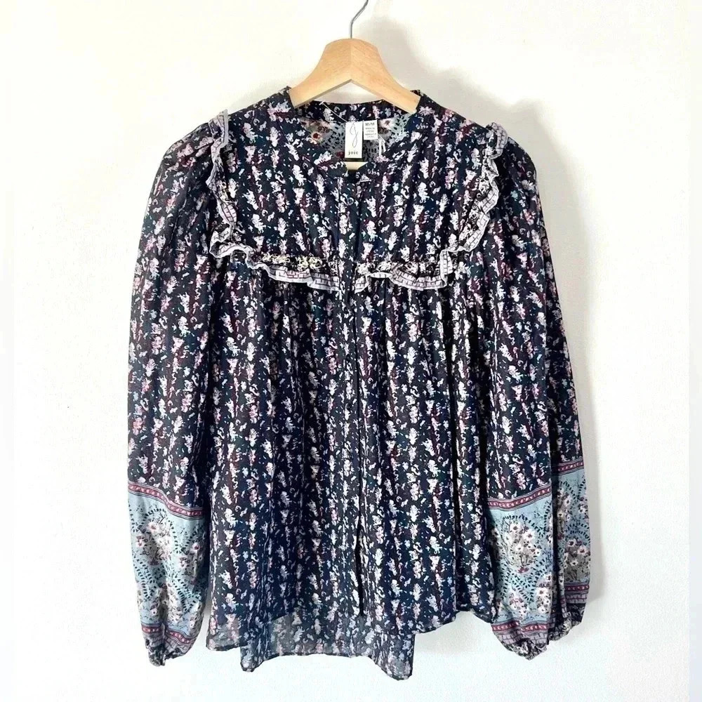 Joie Navy Blue Pattern Balloon Sleeve Cotton‎ Peasant Top Size Medium NWOT